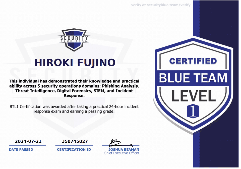 Blue Team Level1 certificate